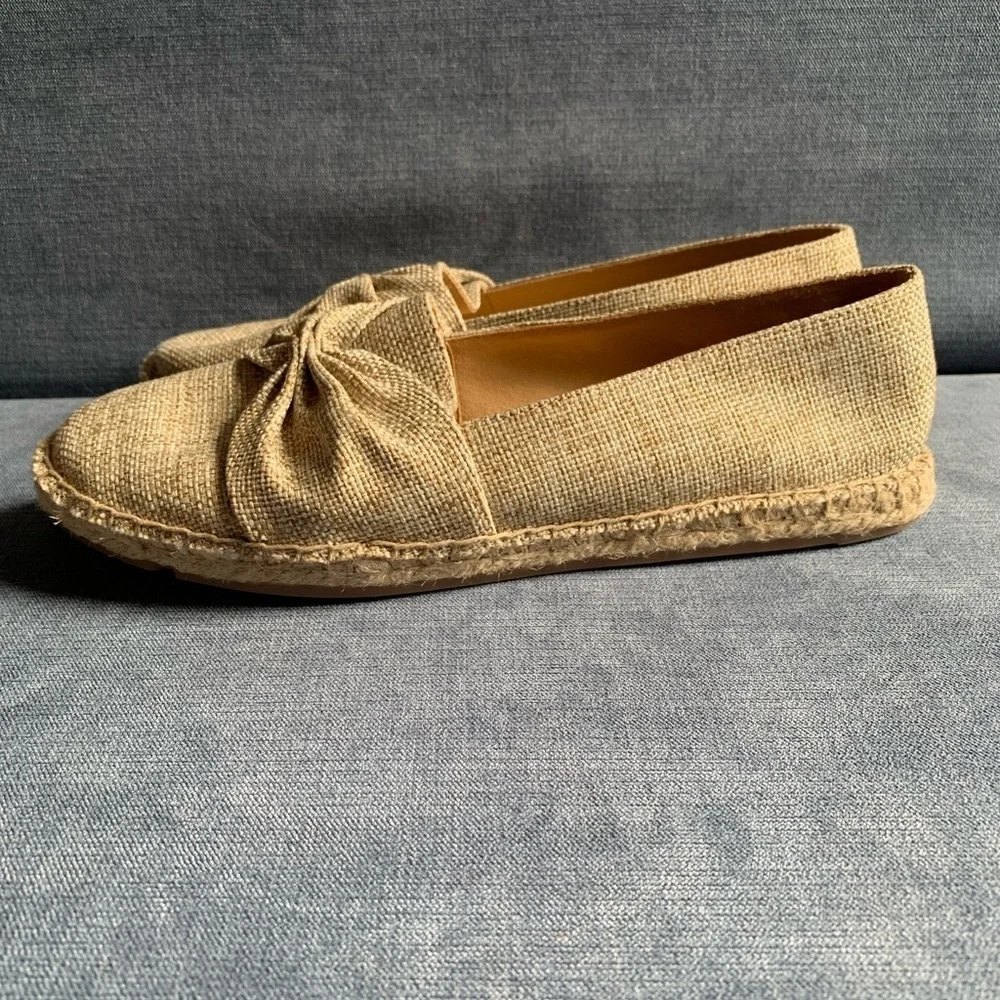 Talbots Womens Izzy Cinched Bow Tan Linen Espadrille Slip On Dressy Flats 8